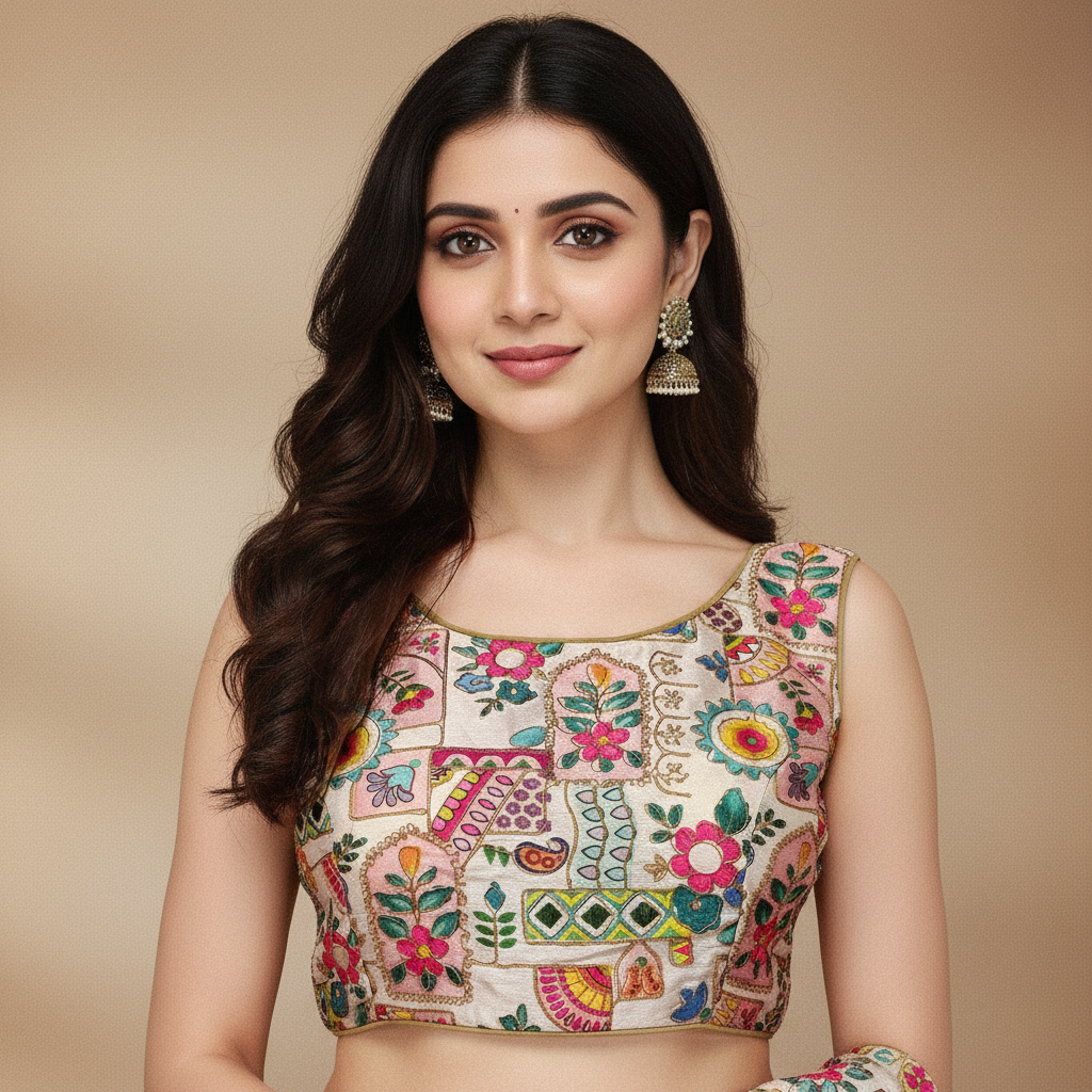 Multicolor Silk Sleeveless Printed Blouse For Women