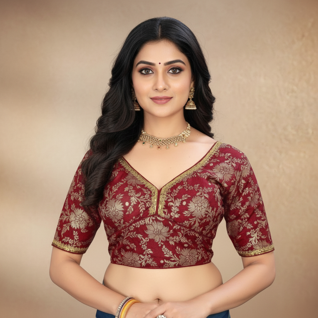 Silk Half Sleeve Embroidered Blouse For Women