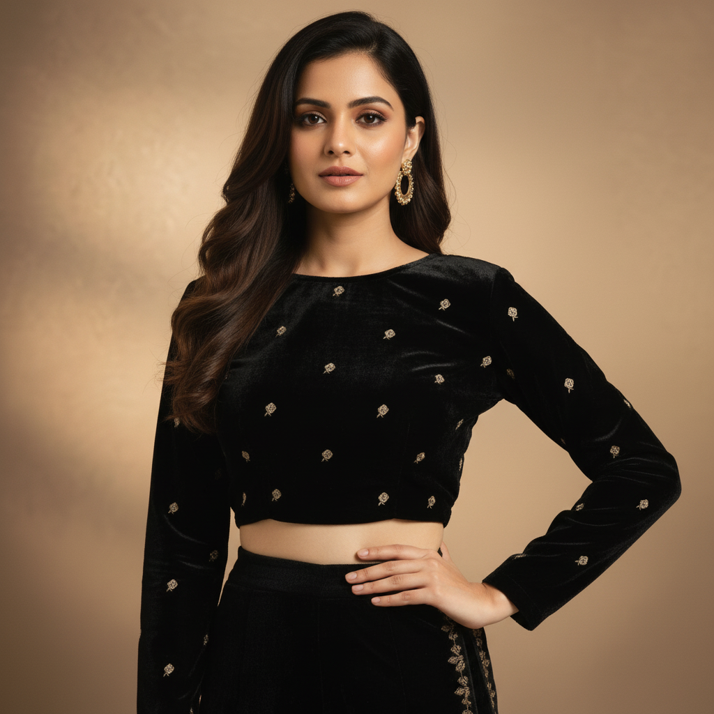 Velvet Full Sleeve Embriodered Blouse For Women