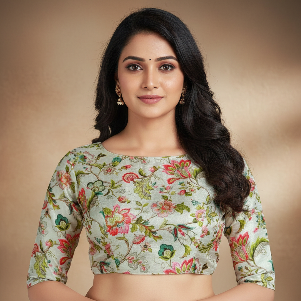 White Silk Blend Half Sleeve Floral Print Blouse For Women