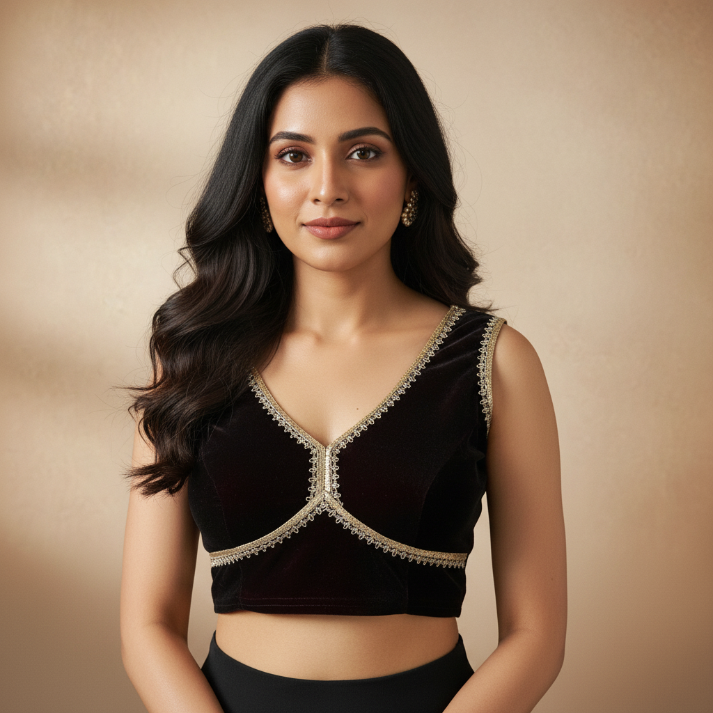 Designer V Neck Sleeveless Velvet Blouse