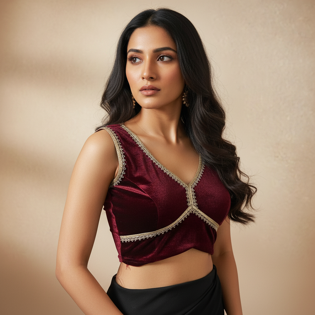 Designer V Neck Sleeveless Velvet Blouse