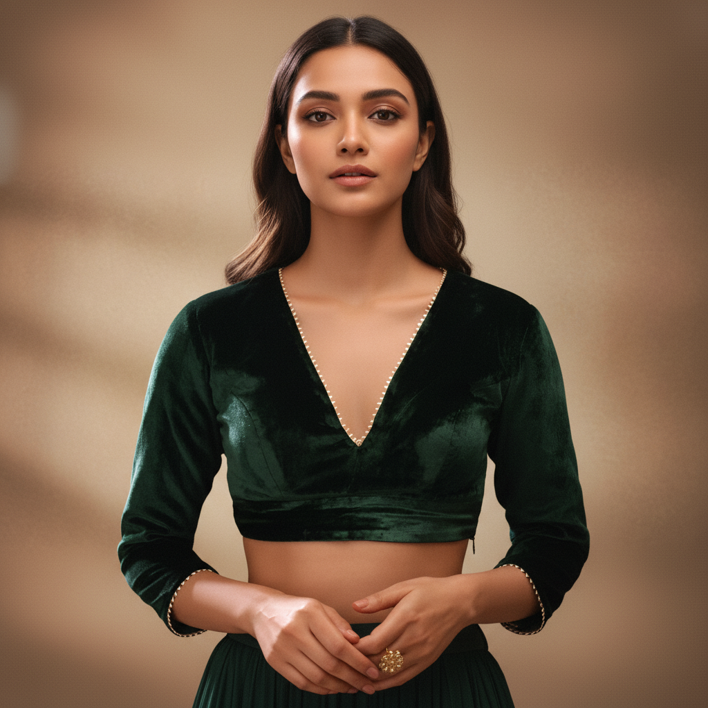 V neck 3/4 Sleeve Velvet Blouse For Women