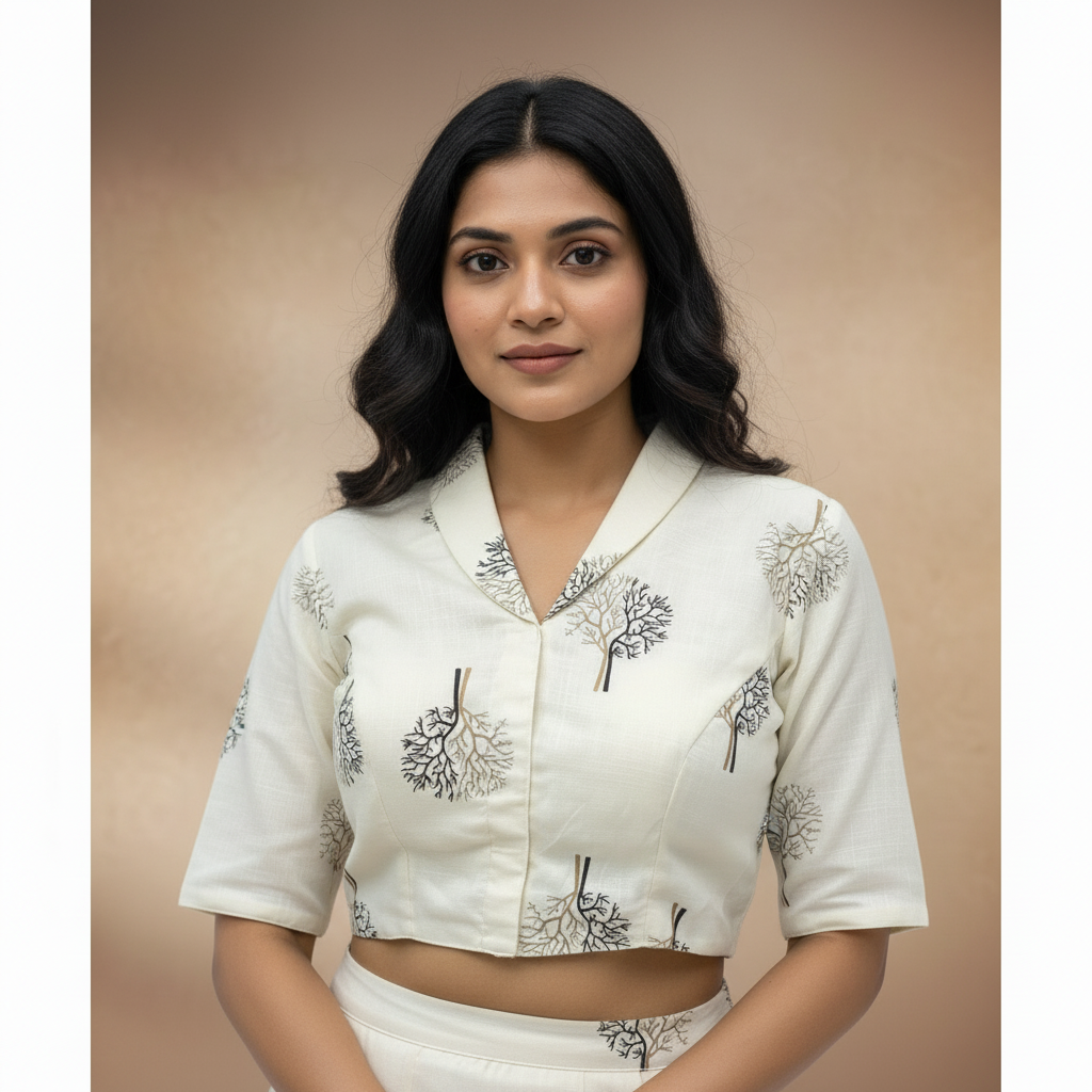 Off White Coat Collor Printed Cotton Blouse