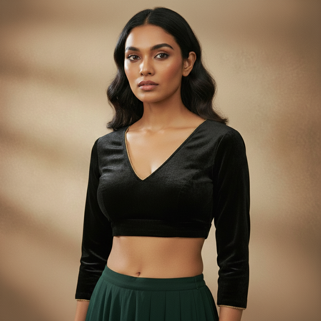 V neck 3/4 Sleeve Velvet Blouse For Women