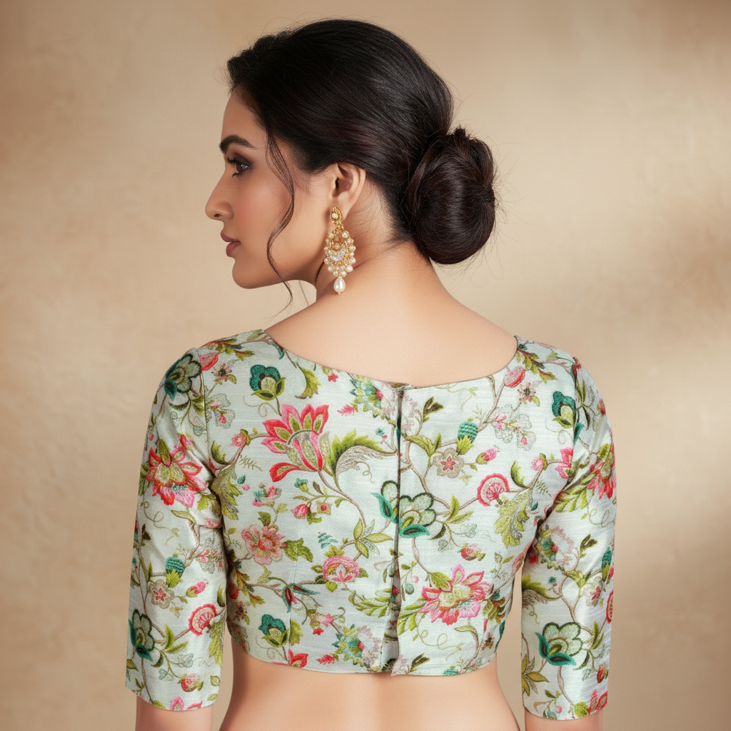 White Silk Blend Half Sleeve Floral Print Blouse For Women