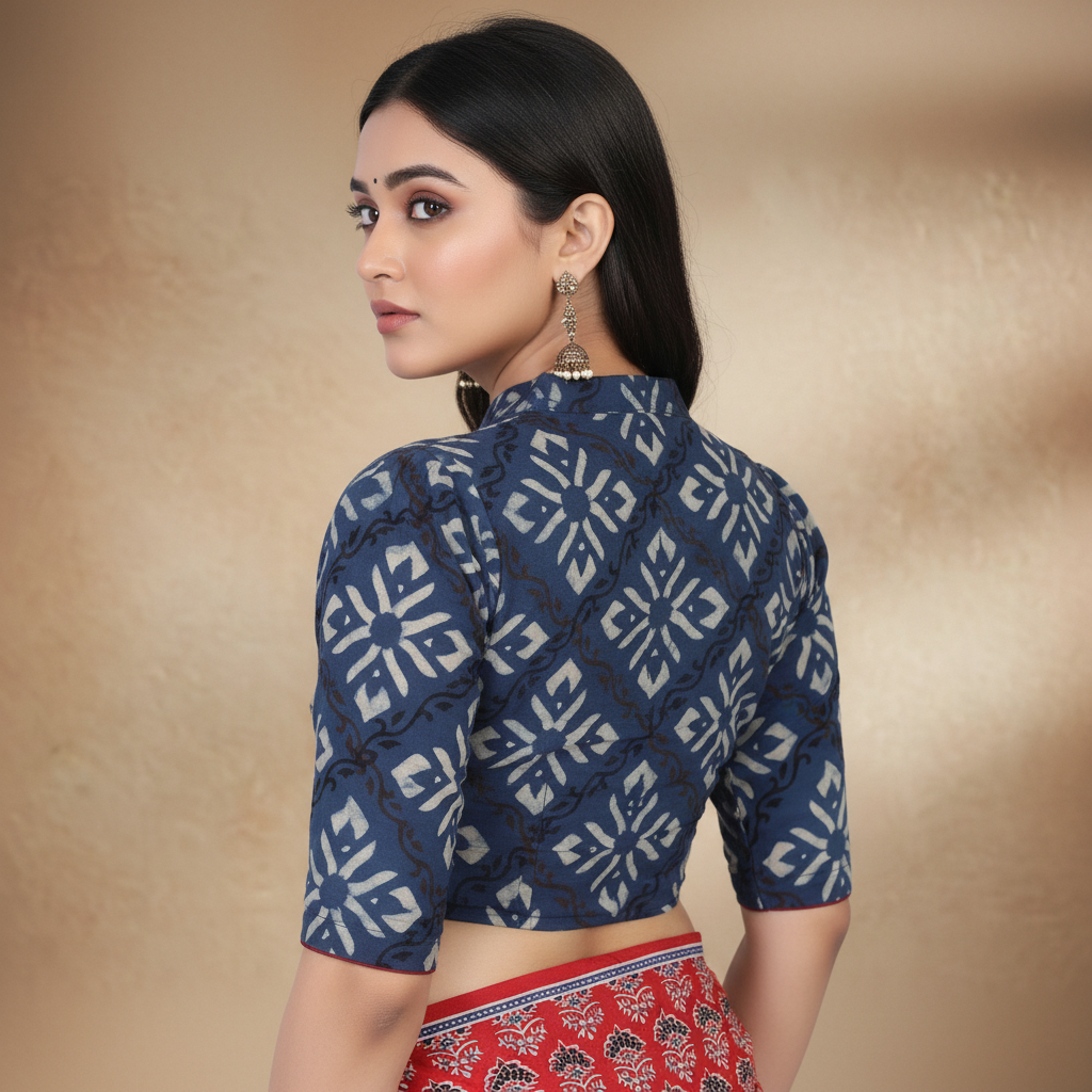 Blue Cotton Blend Half Sleeve Printed Blouse For Women