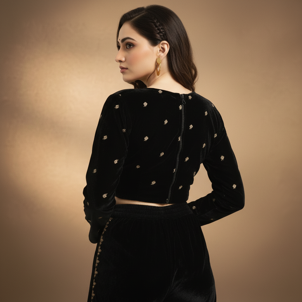 Velvet Full Sleeve Embriodered Blouse For Women