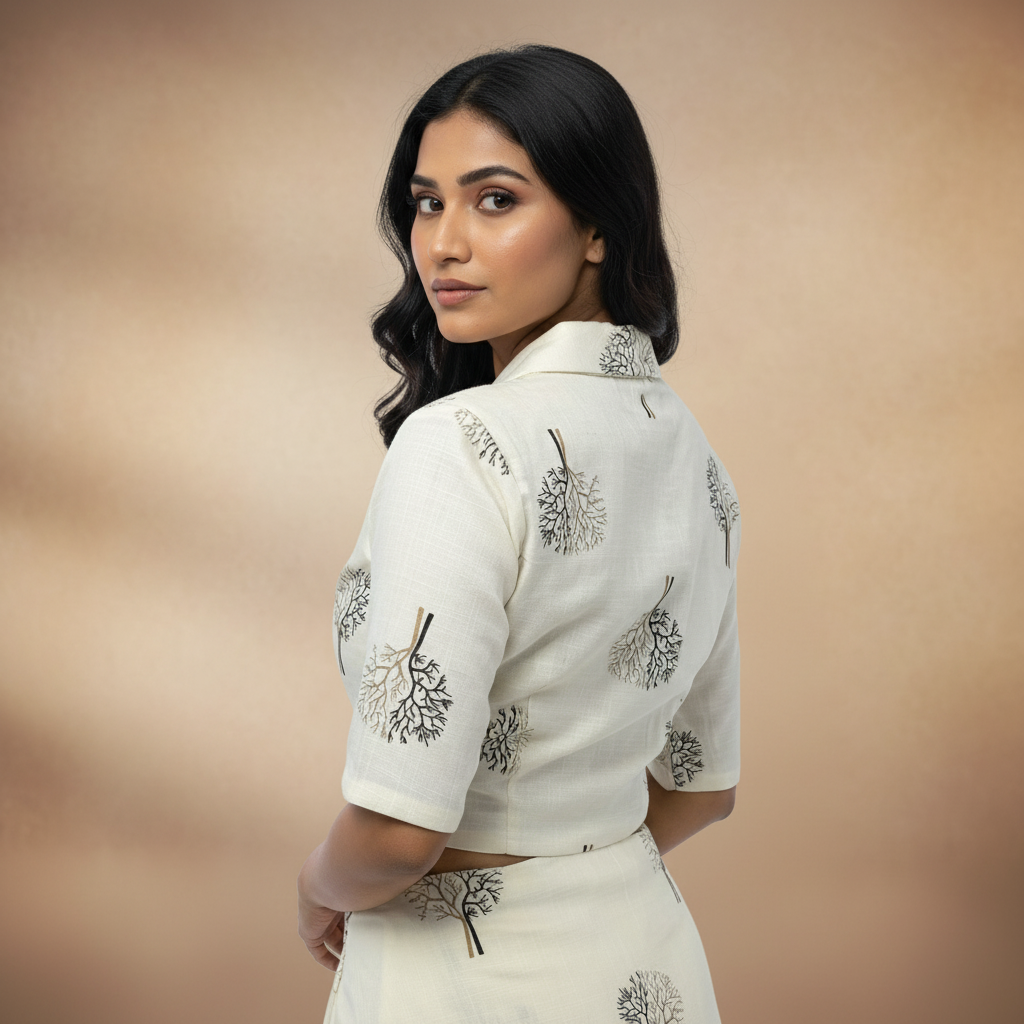 Off White Coat Collor Printed Cotton Blouse