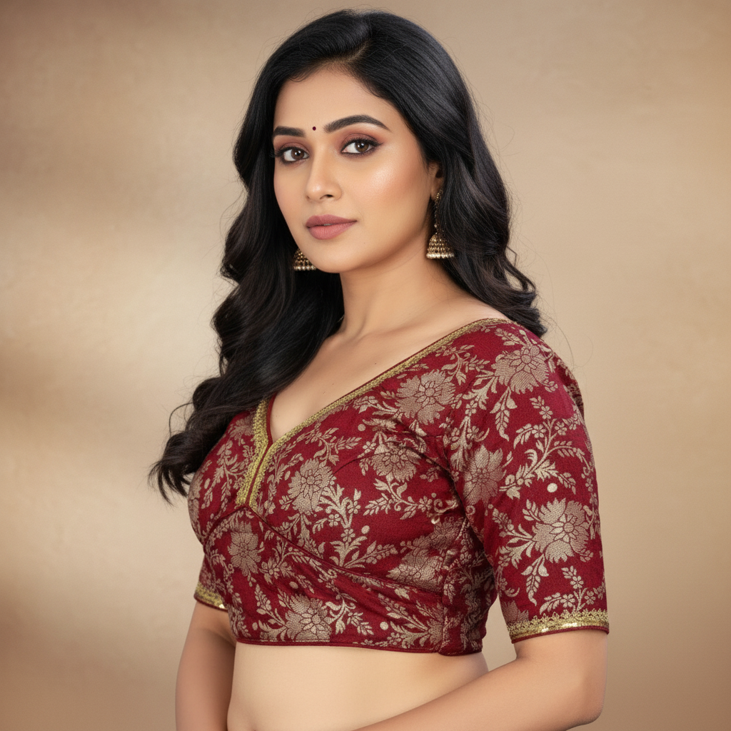 Silk Half Sleeve Embroidered Blouse For Women