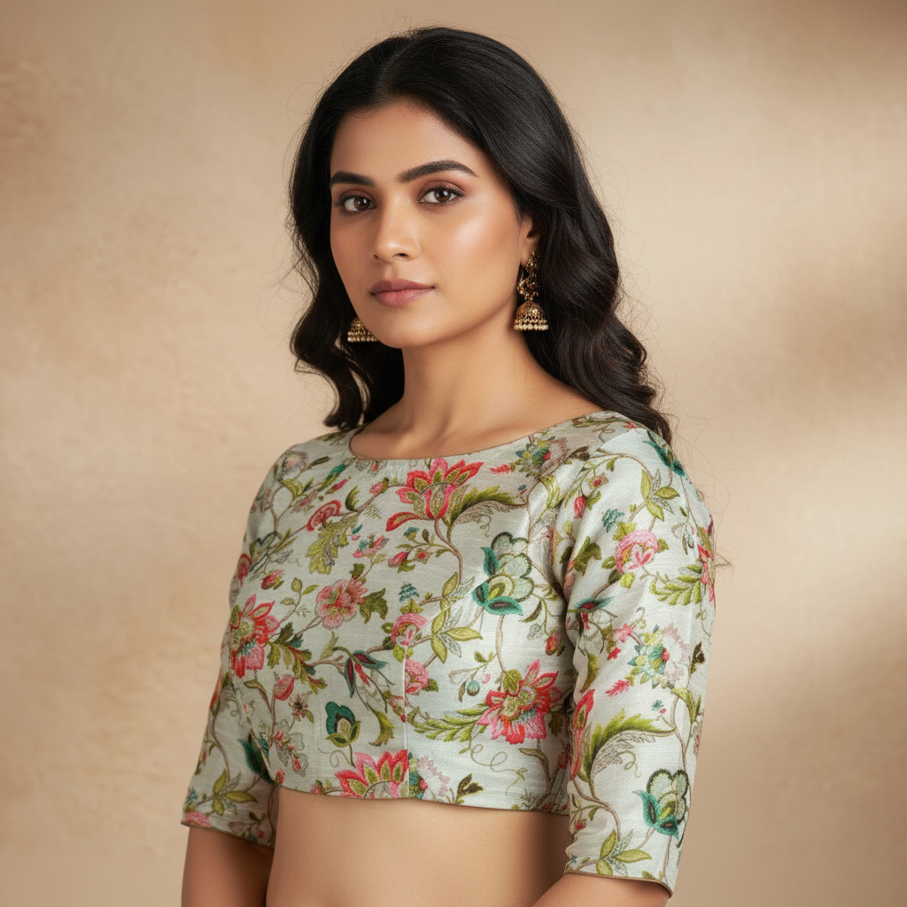 White Silk Blend Half Sleeve Floral Print Blouse For Women