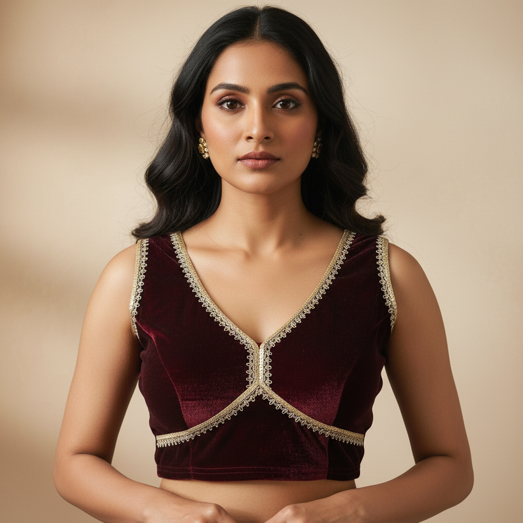 Designer V Neck Sleeveless Velvet Blouse