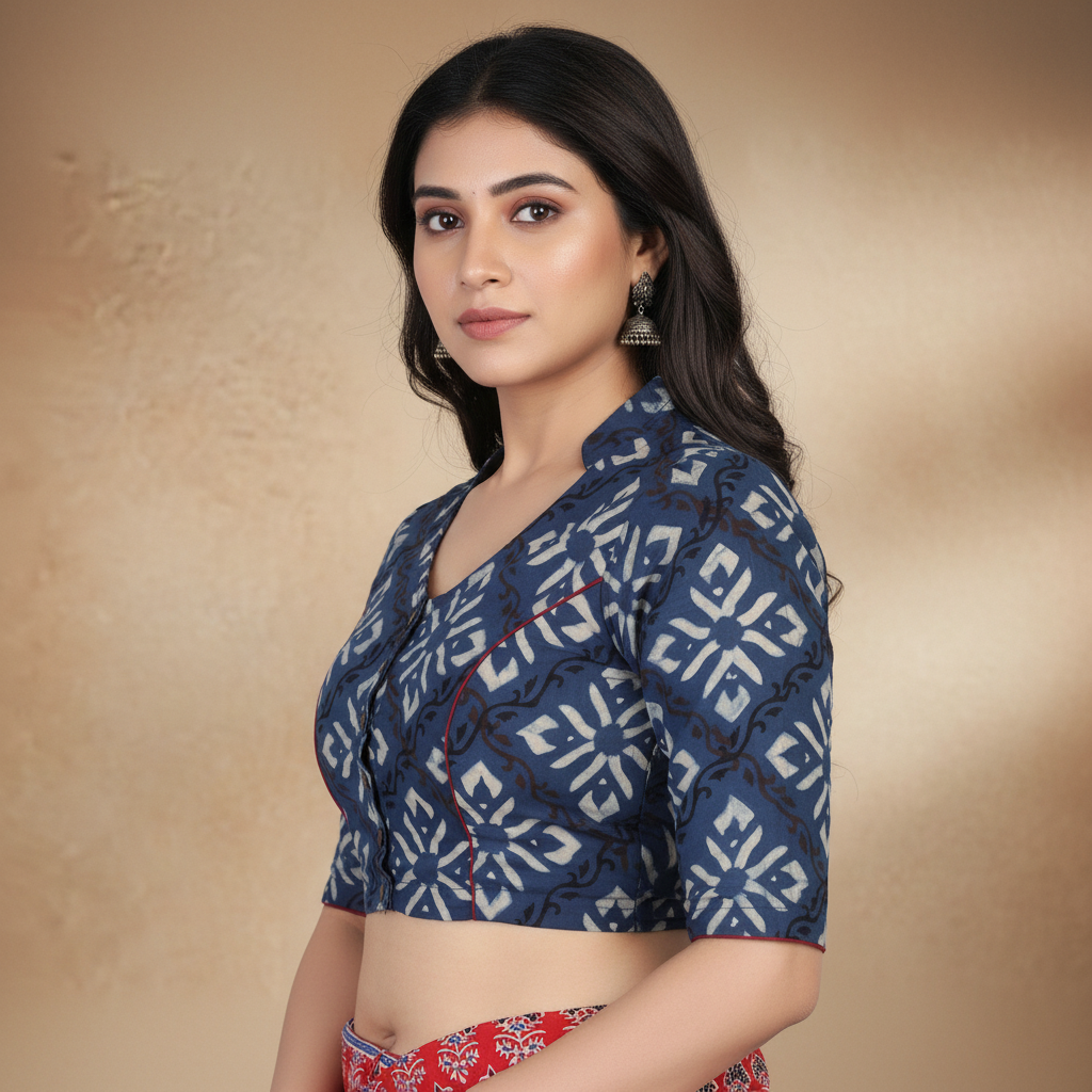 Blue Cotton Blend Half Sleeve Printed Blouse For Women