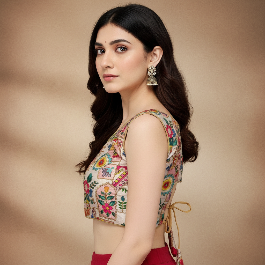 Multicolor Silk Sleeveless Printed Blouse For Women