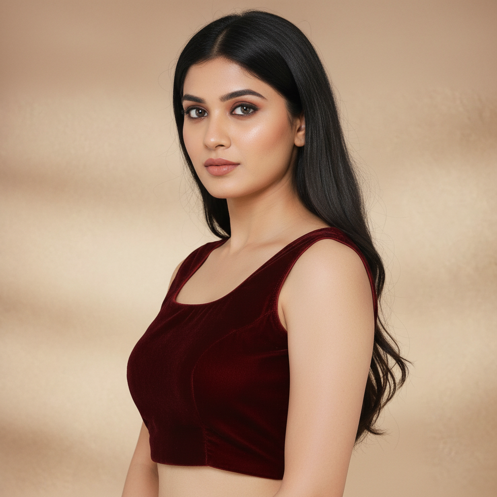 Maroon Velvet Sleeveless Blouse