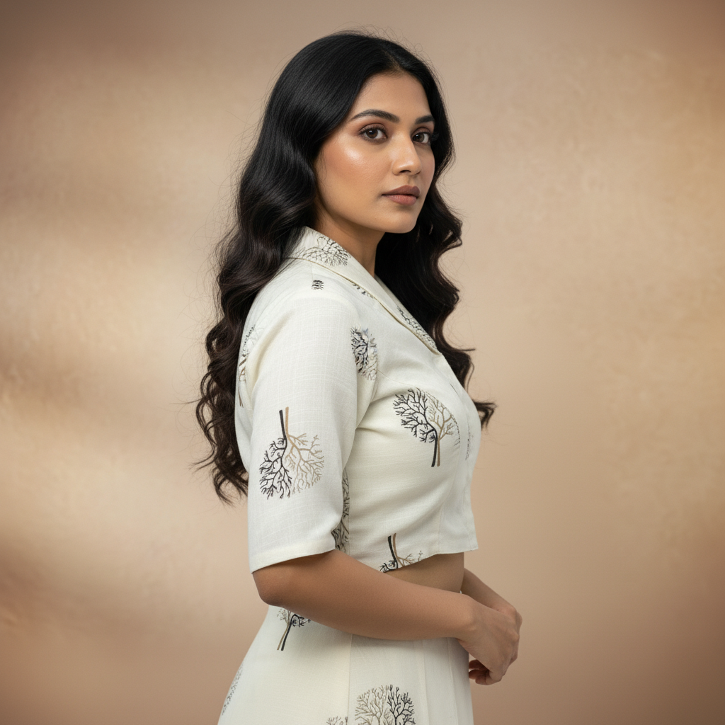 Off White Coat Collor Printed Cotton Blouse