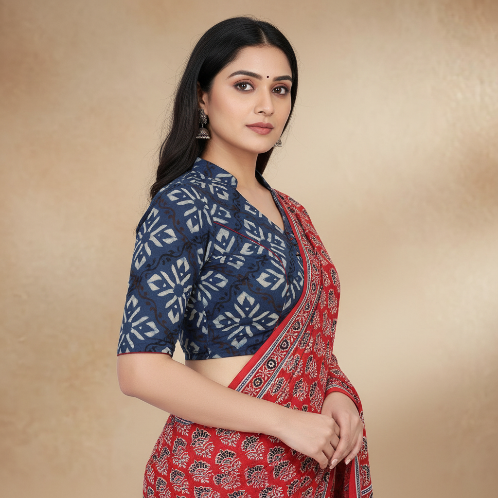 Blue Cotton Blend Half Sleeve Printed Blouse For Women