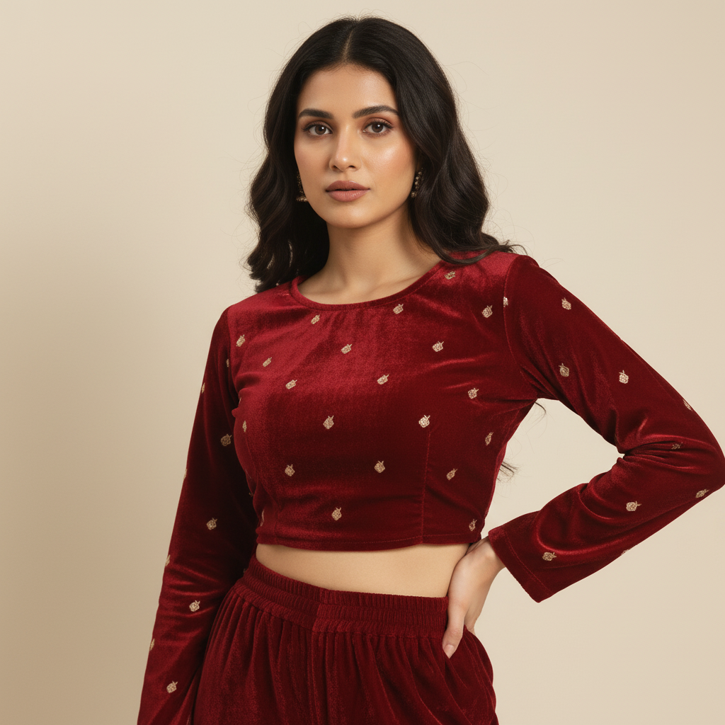 Velvet Full Sleeve Embriodered Blouse For Women