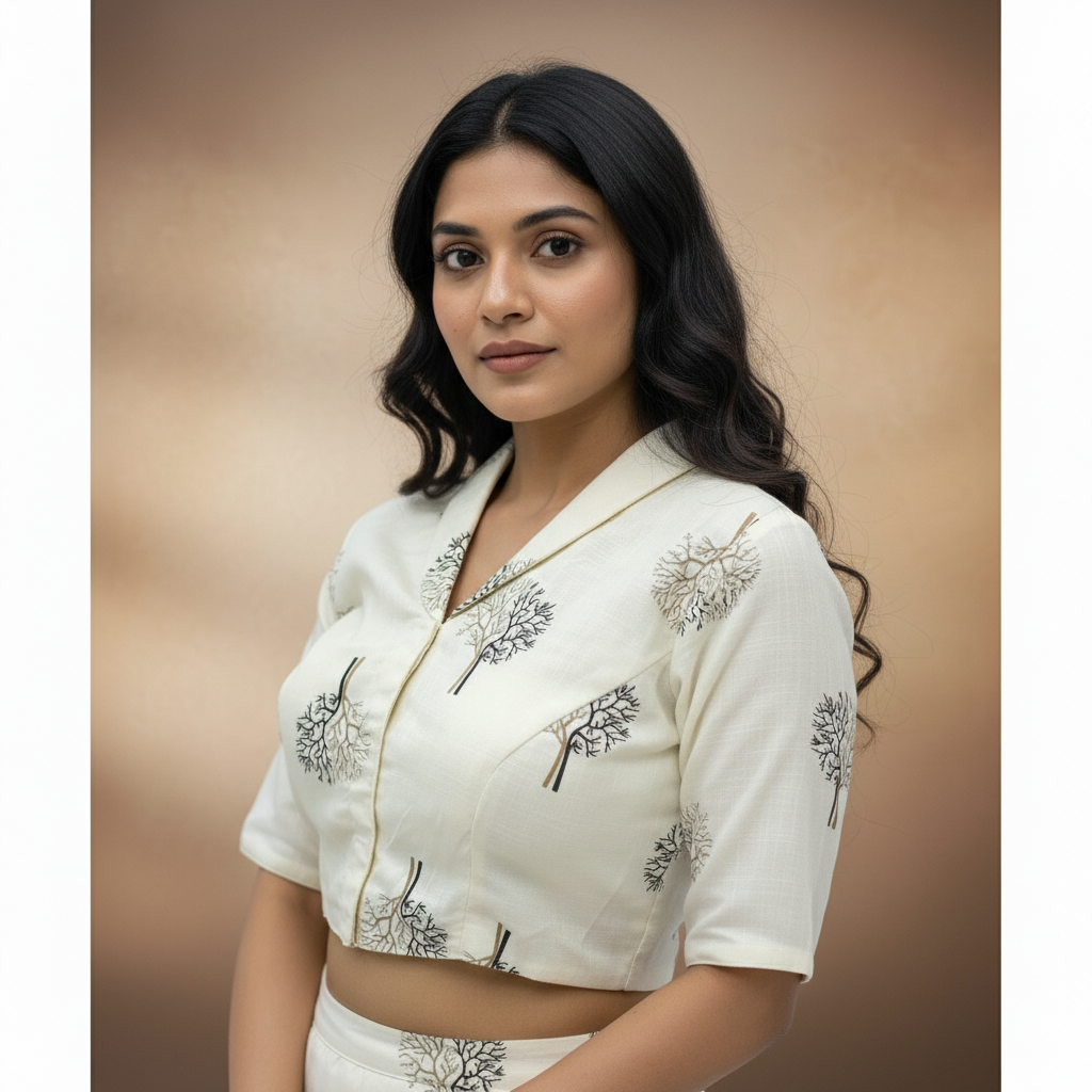 Off White Coat Collor Printed Cotton Blouse