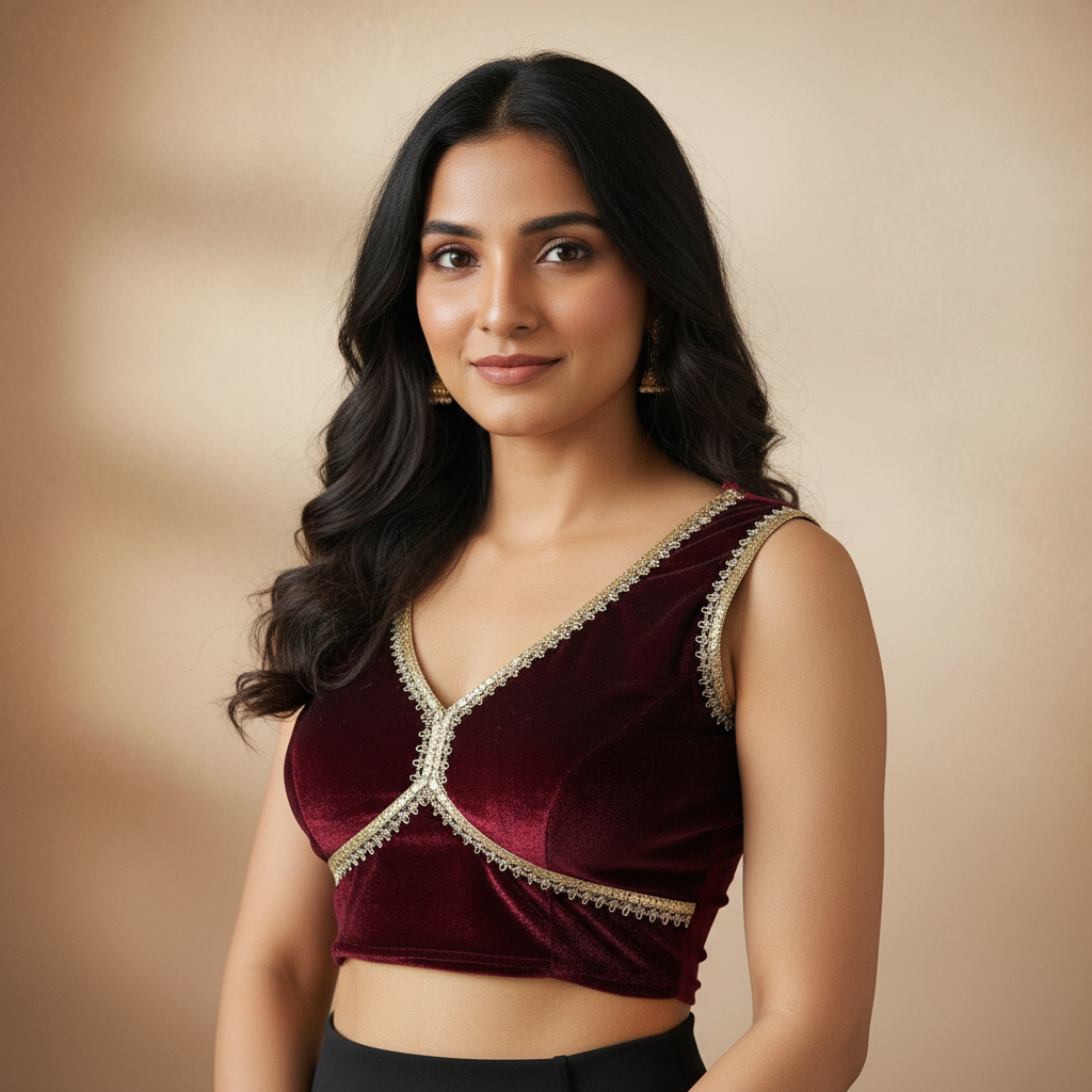 Designer V Neck Sleeveless Velvet Blouse