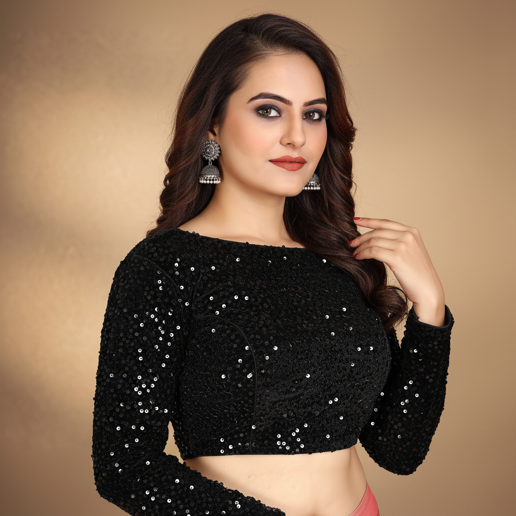 Black Velvet Full Sleeve embroidery sequin Blouse For Women