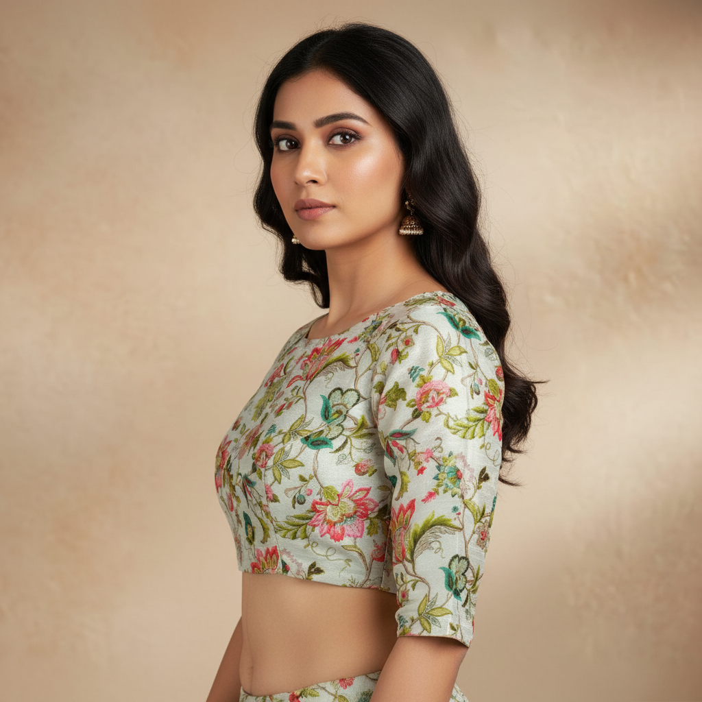 White Silk Blend Half Sleeve Floral Print Blouse For Women