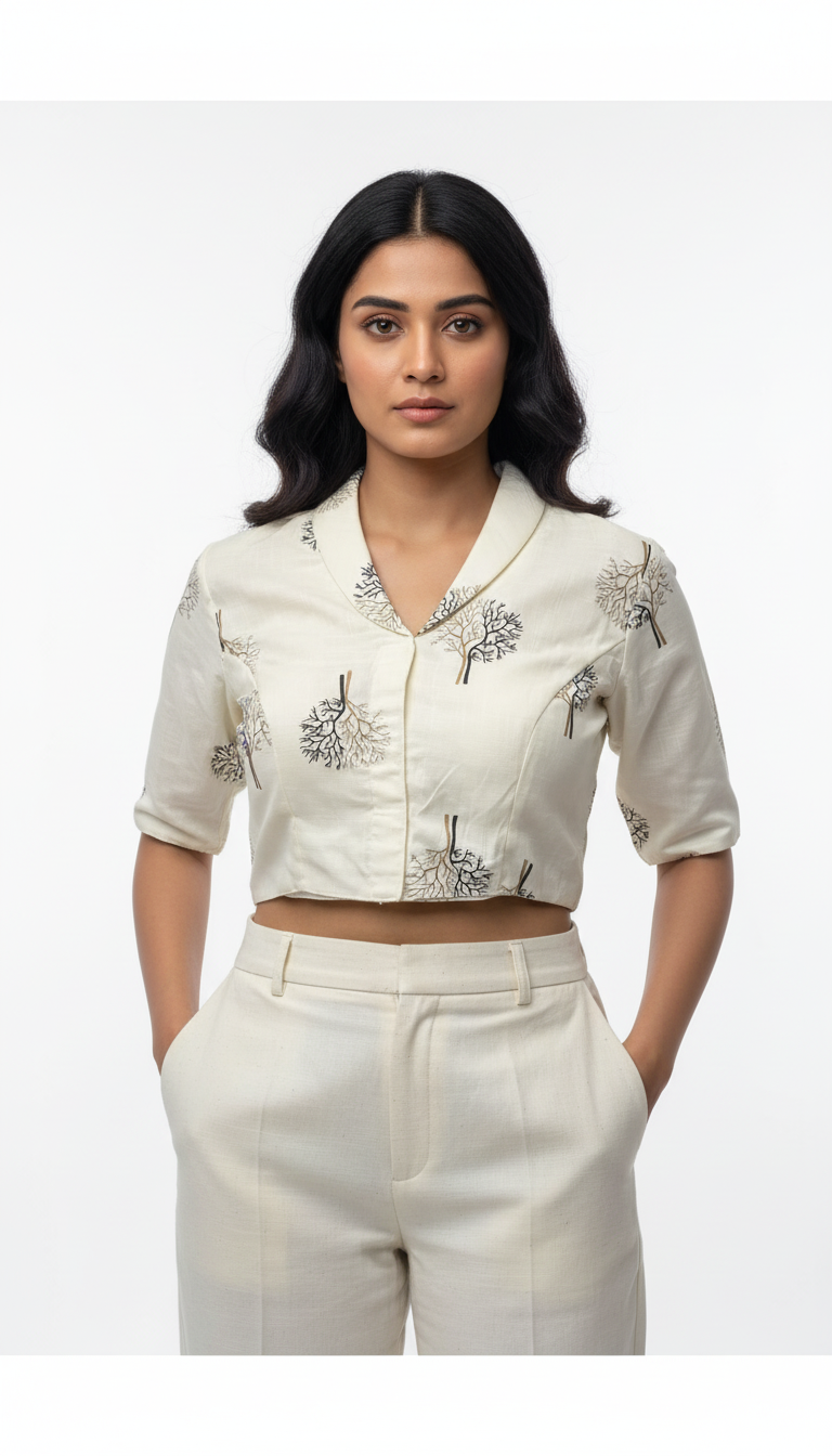 Off White Coat Collor Printed Cotton Blouse