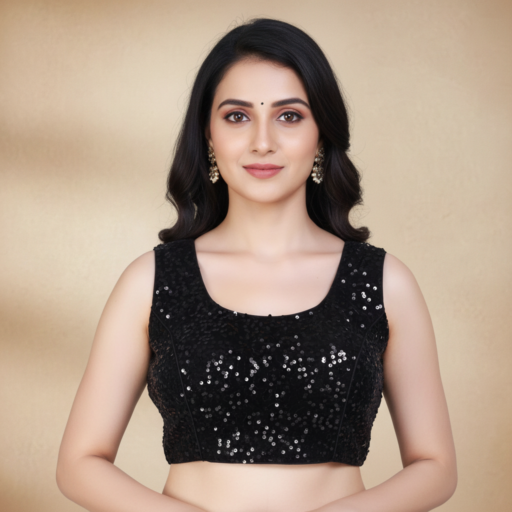 Black Velvet Sleeveless Embriodered Blouse For Women