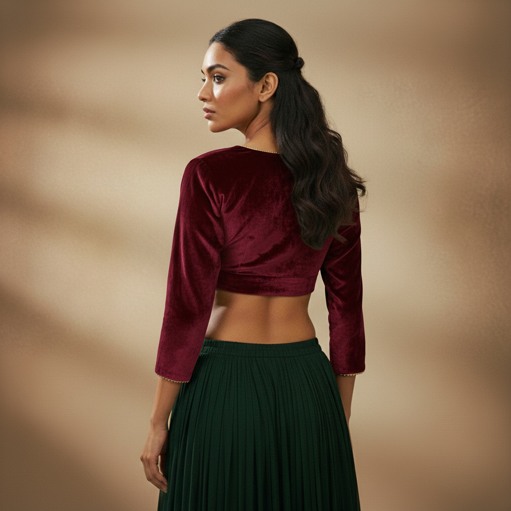 V neck 3/4 Sleeve Velvet Blouse For Women