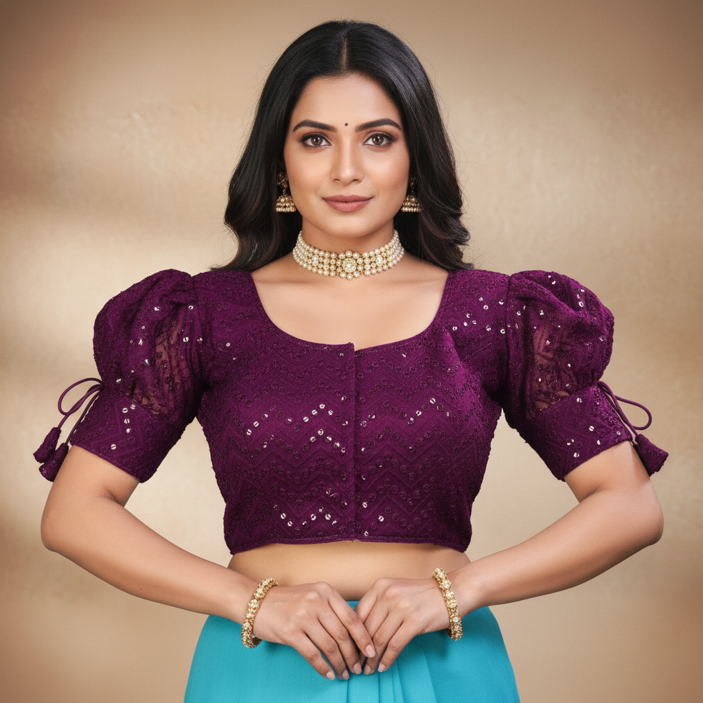 Georgette Short Sleeve Embroidered Blouse For Women