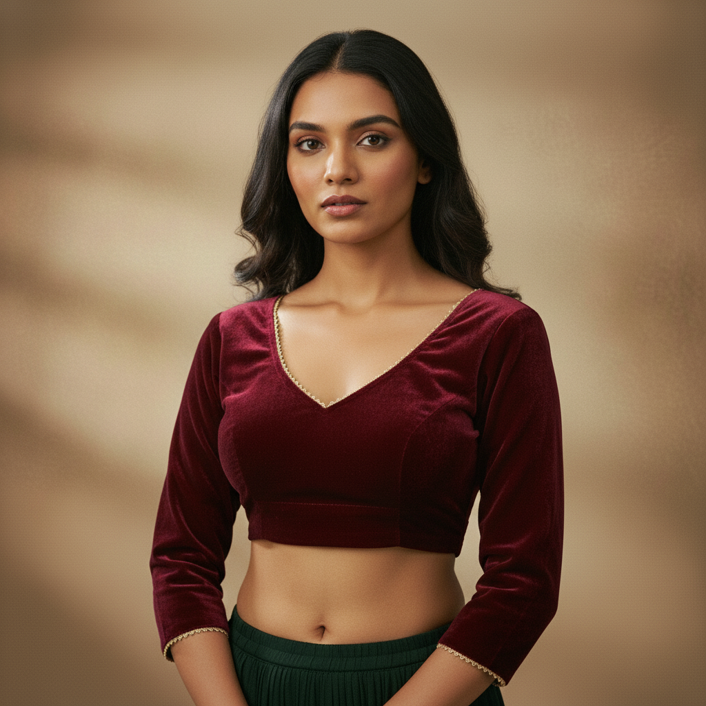 V neck 3/4 Sleeve Velvet Blouse For Women