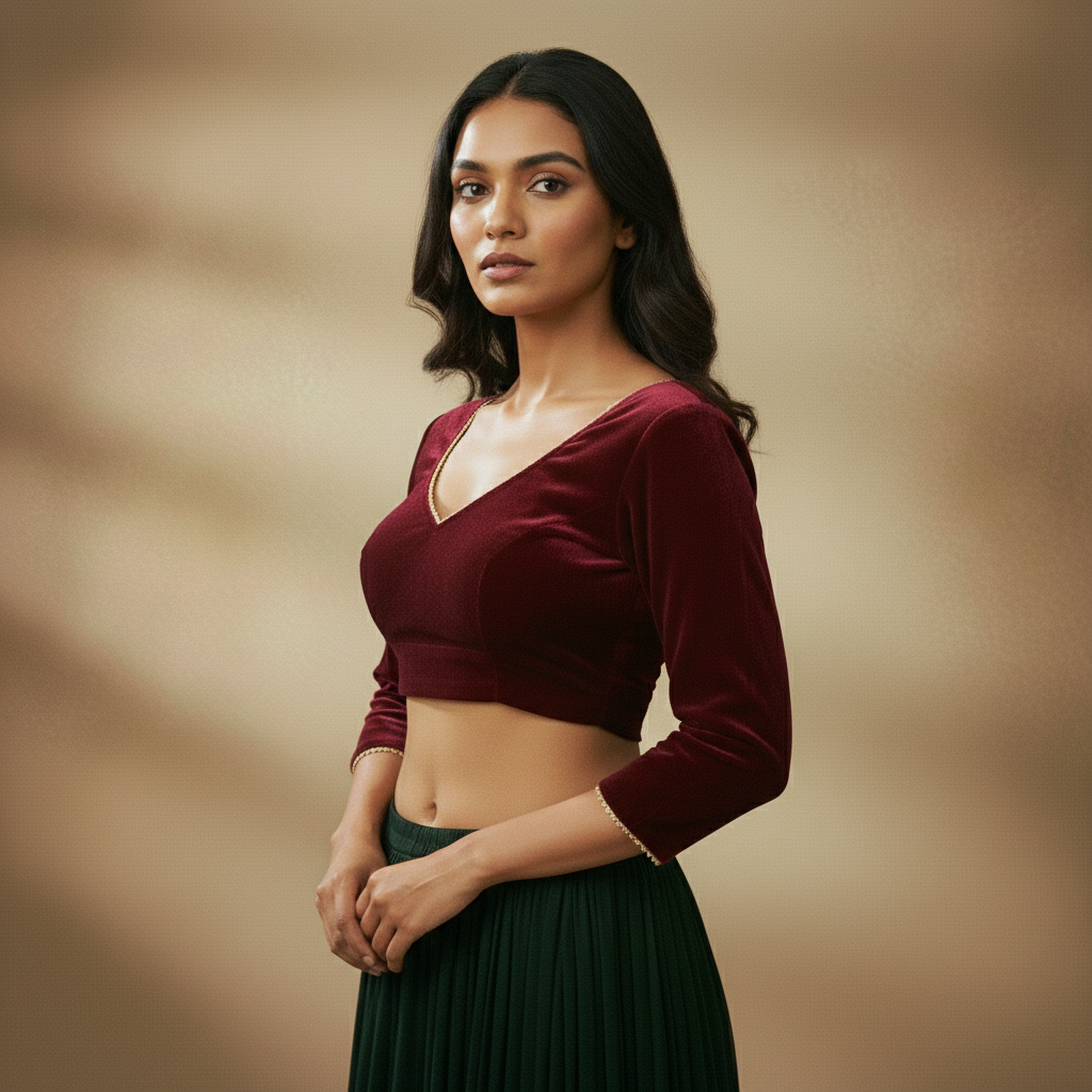 V neck 3/4 Sleeve Velvet Blouse For Women