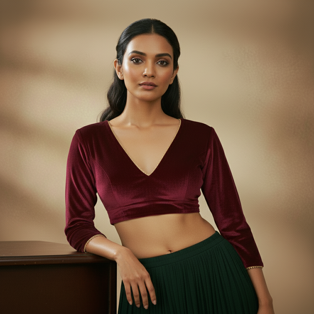 V neck 3/4 Sleeve Velvet Blouse For Women