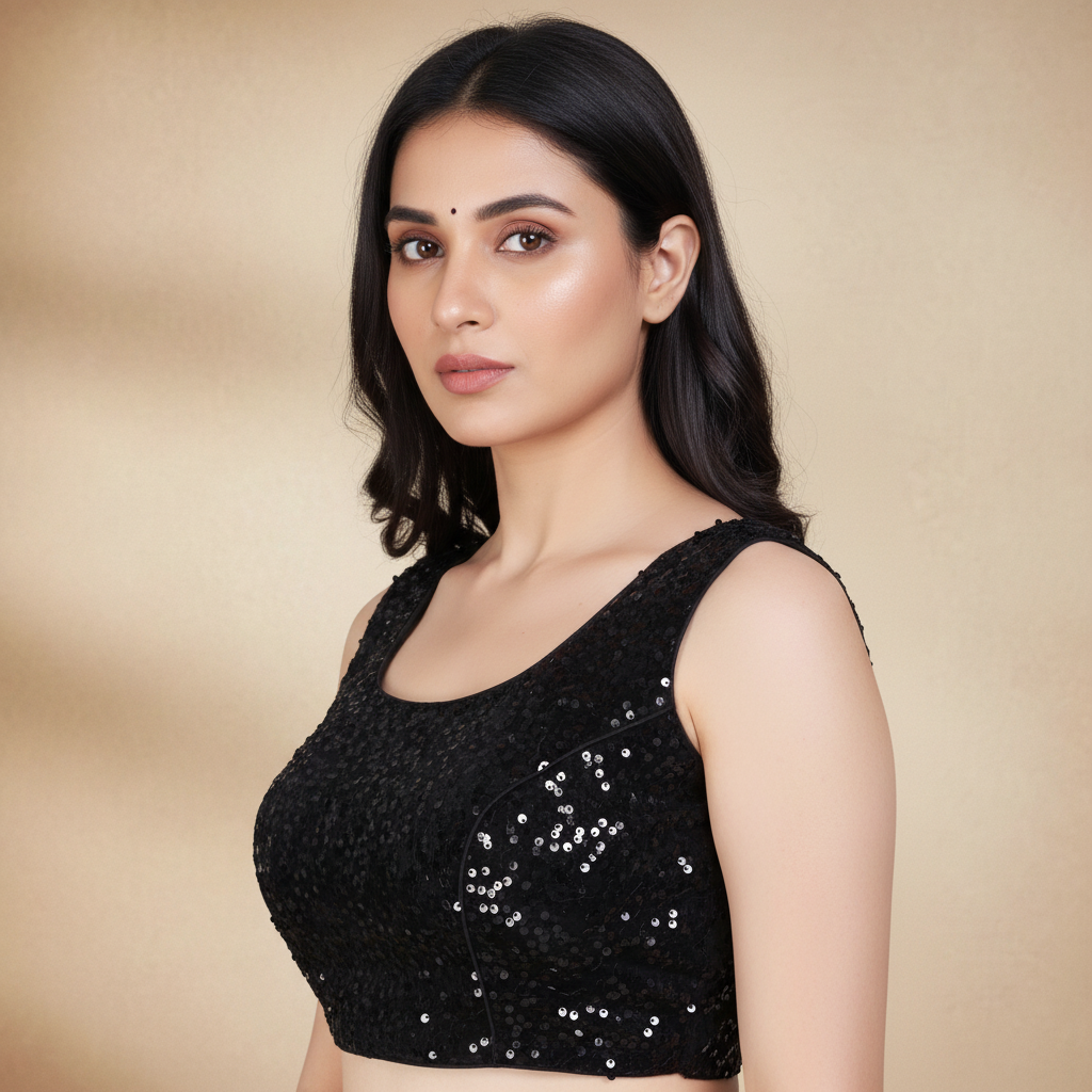 Black Velvet Sleeveless Embriodered Blouse For Women